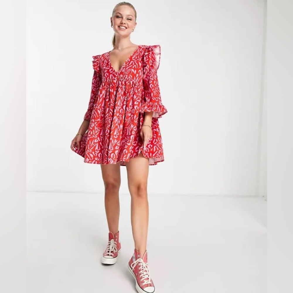 ASOS DESIGN Mini Cord 90s Babydoll Ruffle Sleeve Skater Dress NWT SIZE 6